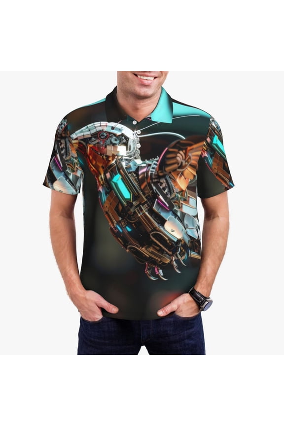 Futuristic Robot Hummingbird Print Men's Short Sleeve Polo Shirt,Midweight Men's Shirt-Medium