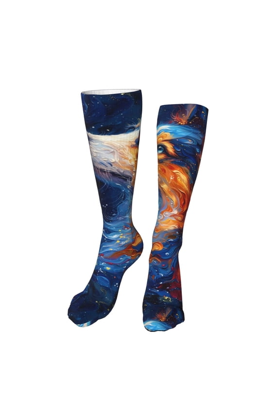 Galactic Dog Swirls Art Funny Silky Novelty Funky Long Knee High Socks Soft 3D Print Cosplay Crazy Stockings for Men Women