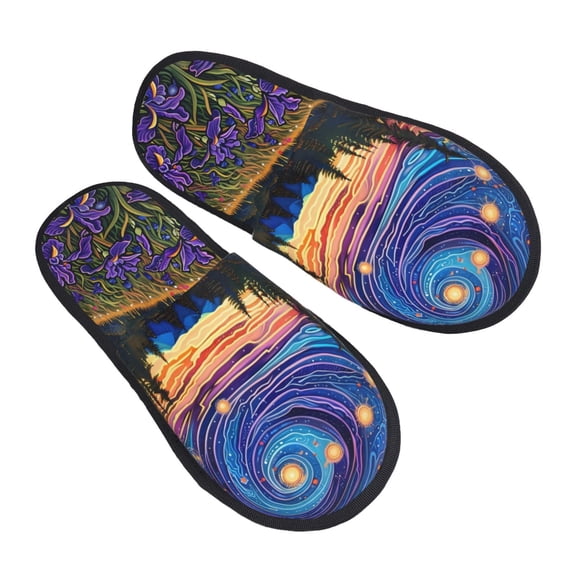Kdxio Galactic Night Over Meadow Pattern Slippers for Women Memory Foam Fuzzy House Slippers Bedroom Non-slip Warm Womens Slippers