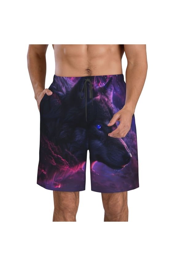 Galactic Wolf Stare Pattern Mens Casual Shorts - Drawstring Summer Beach Sports Shorts for Men