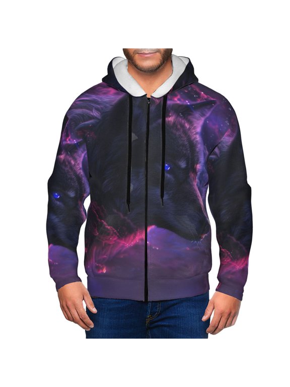 Galactic Wolf Stare Print Men Hoodies Casual Hoodies for Men with Zip Pockets Full Zip Long Sleeve Sweatshirt Sports Hooded Jacket-Medium