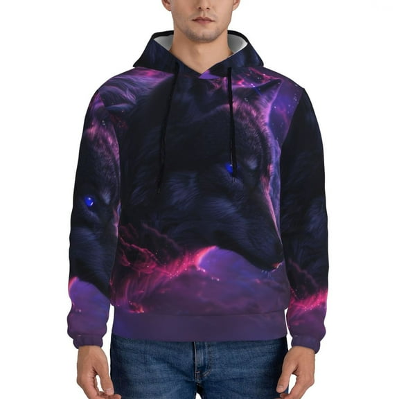 Kdxio Galactic Wolf Stare Print Mens Casual Hooded Collar Drawstring Hoodies Pullover Sweatshirts Casual Long Sleeve Shirts-Medium