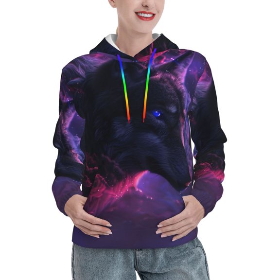 Kdxio Galactic Wolf Stare Print Womens Oversized Hoodies Sweatshirts Hooded Pullover Tops Sweaters Casual-Small