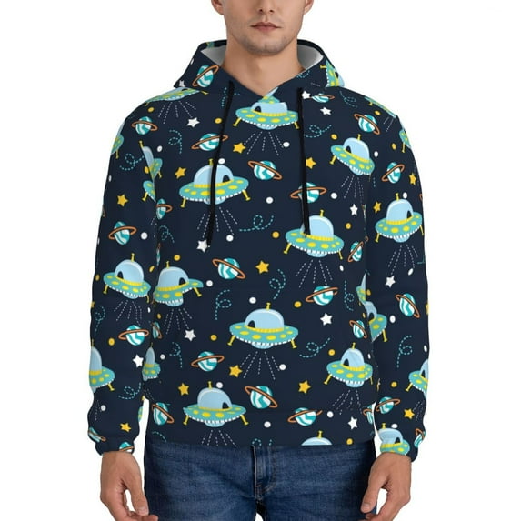 Kdxio Galaxy With Ufo Print Mens Casual Hooded Collar Drawstring Hoodies Pullover Sweatshirts Casual Long Sleeve Shirts-4X-Large
