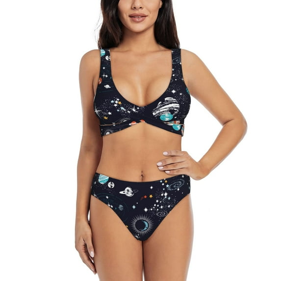 Kdxio Galaxy2 Print Women's 2 Piece High Waisted Wrap Spaghetti Strap Summer Swimsuit Bikini Set-Medium