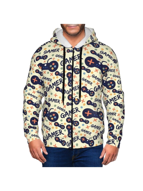 Game Controller Print Men Hoodies Casual Hoodies for Men with Zip Pockets Full Zip Long Sleeve Sweatshirt Sports Hooded Jacket-Large