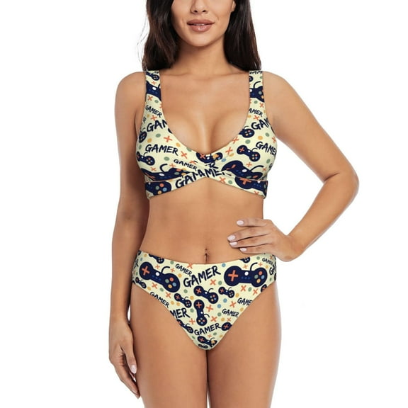 Kdxio Game Controller Print Women's 2 Piece High Waisted Wrap Spaghetti Strap Summer Swimsuit Bikini Set-Small