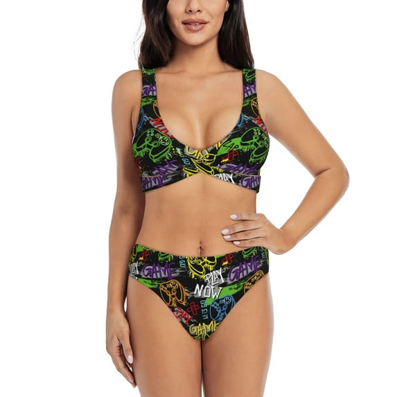 Kdxio Game Joysticks Print Women's 2 Piece High Waisted Wrap Spaghetti Strap Summer Swimsuit Bikini Set-X-Large