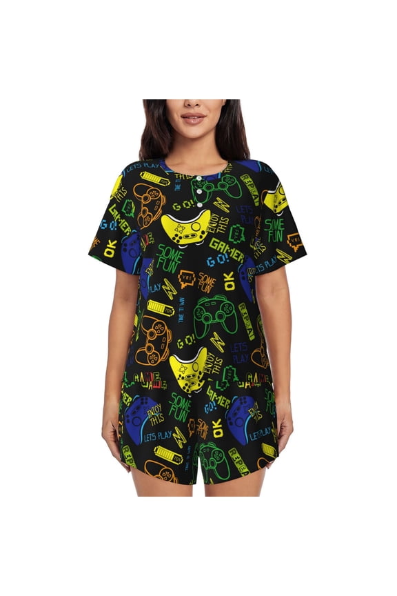Game Play Print Pajamas Sets for Women Short-Sleeved Pjs with Lounge Shorts Two Piece Sleepwear S-4XL