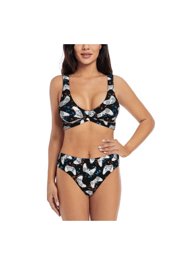 Game Print Women's 2 Piece High Waisted Wrap Spaghetti Strap Summer Swimsuit Bikini Set-Medium