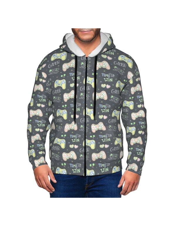Gamers Print Men Hoodies Casual Hoodies for Men with Zip Pockets Full Zip Long Sleeve Sweatshirt Sports Hooded Jacket-X-Large