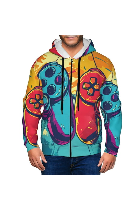 Gaming Print Men Hoodies Casual Hoodies for Men with Zip Pockets Full Zip Long Sleeve Sweatshirt Sports Hooded Jacket-X-Large