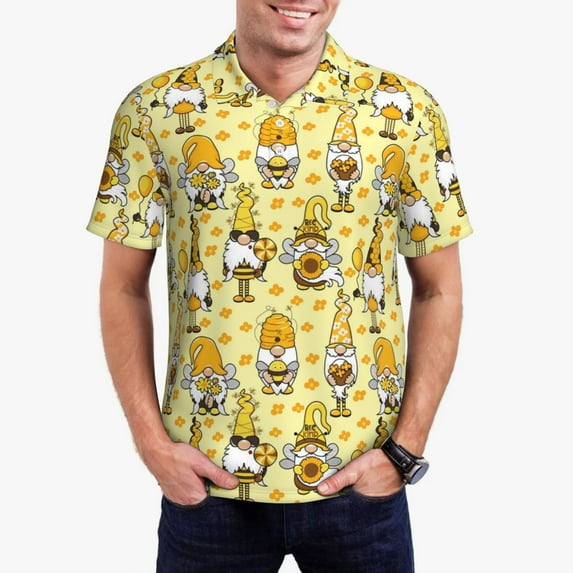 Kdxio Garden Honeybee Gnomes Print Men's Short Sleeve Polo Shirt,Midweight Men's Shirt