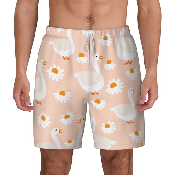 Kdxio Geese And Flower Print Men'S Swim Trunks With Compression Liner 7 Inch Inseam Quick Dry Swim Shorts