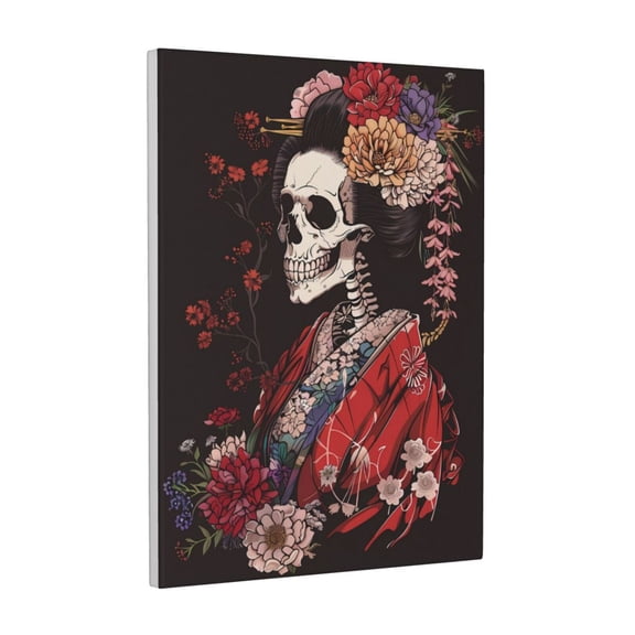 Kdxio Geisha Skeleton With Flowers Pattern Canvas Wall Art 12x16 Inches - Waterproof HD Print Solid Wood Frame for Living Room & Bathroom,Vertical