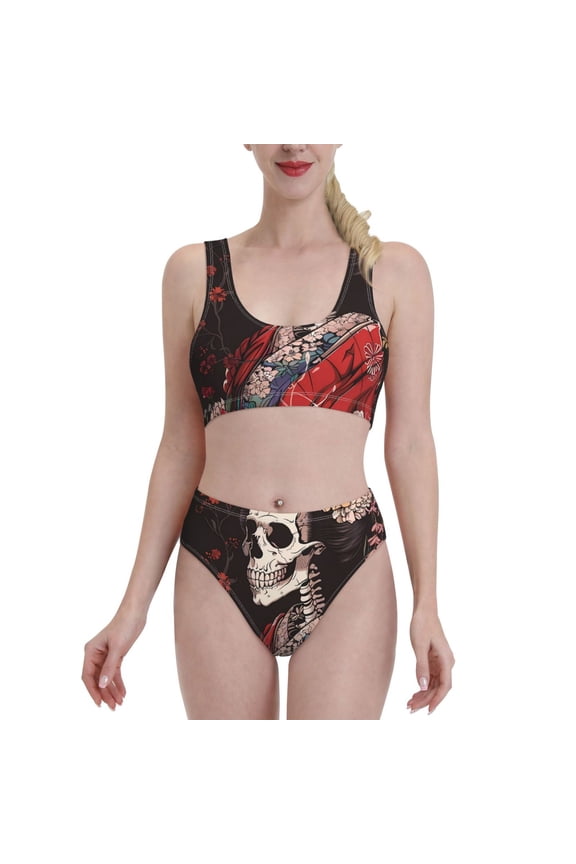 Geisha Skeleton With Flowers for Womens High Waisted Bikini Top Sports Style Two Piece Bathing Suits