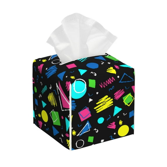 Kdxio Geometric 1980s Styled Print Tissue Box Cover,Square Decorative PU Leather Facial Paper Case Organizer Holder Dispenser for Bathroom,Night Stands,Desk,Car 5.2''X5.2''X5.2''