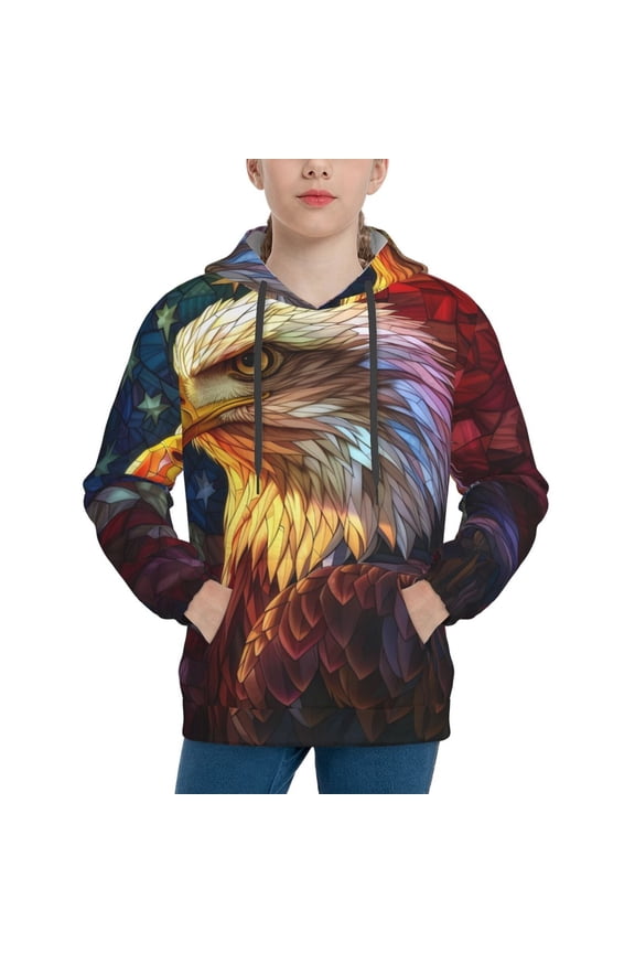 Geometric American Bald Eagle Pattern Boys Athletic Unisex Boys Girls Hoodie with Pocket Sweatshirts-Small
