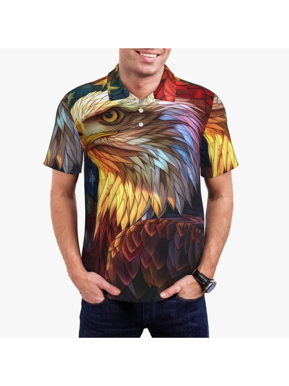 Geometric American Bald Eagle Print Men's Short Sleeve Polo Shirt,Midweight Men's Shirt