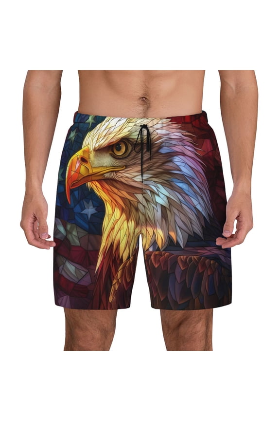 Geometric American Bald Eagle Print Men's Swim Trunks with Compression Liner 7 Inch Inseam Quick Dry Swim Shorts
