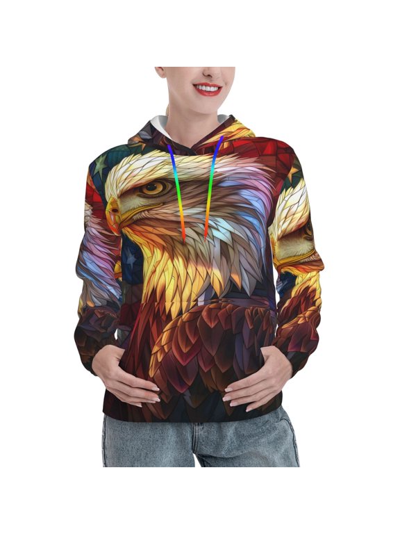 Geometric American Bald Eagle Print Womens Oversized Hoodies Sweatshirts Hooded Pullover Tops Sweaters Casual-XX-Large