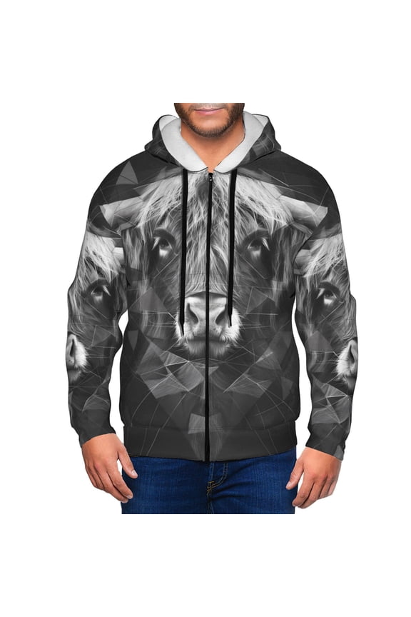 Geometric Bull Design Print Men Hoodies Casual Hoodies for Men with Zip Pockets Full Zip Long Sleeve Sweatshirt Sports Hooded Jacket-Large