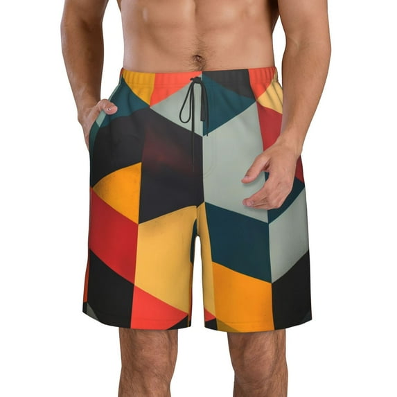 Kdxio Geometric Cube Pattern Art Pattern Mens Casual Shorts - Drawstring Summer Beach Sports Shorts for Men