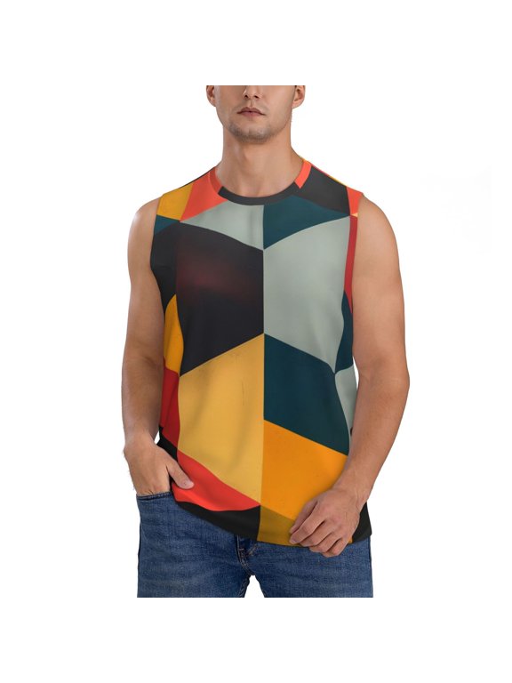 Geometric Cube Pattern Art for Men's Muscle T-shirt,Sleeveless for Workout Running Athletic Gym Lounge Casual