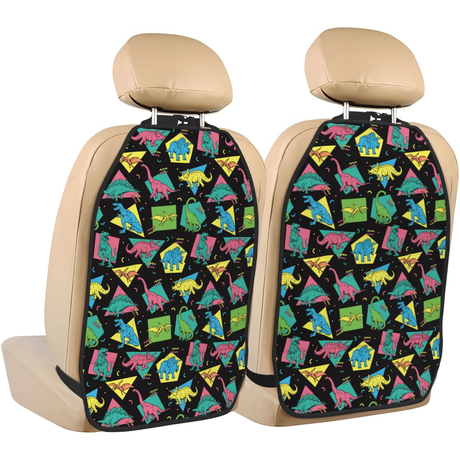 Kdxio Geometric Dinosaur Print 2 Pack Car Kick Mat Seat Cover Back Protector Mat with Pockets for Organizer Backseat Protector and Storage Anti Kick Pad for Vehicles
