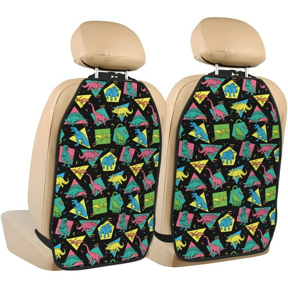 Kdxio Geometric Dinosaur Print 2 Pack Car Kick Mat Seat Cover Back Protector Mat with Pockets for Organizer Backseat Protector and Storage Anti Kick Pad for Vehicles