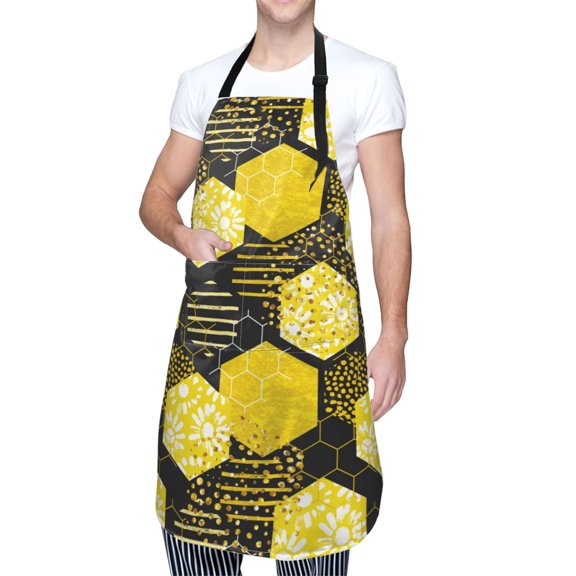 Kdxio Geometric Pattern with Bee Apron with Pockets Adjustable Kitchen Aprons for Men Women Waterproof Aprons for Cooking,Drawing,Crafting, Baking Household Cleaning
