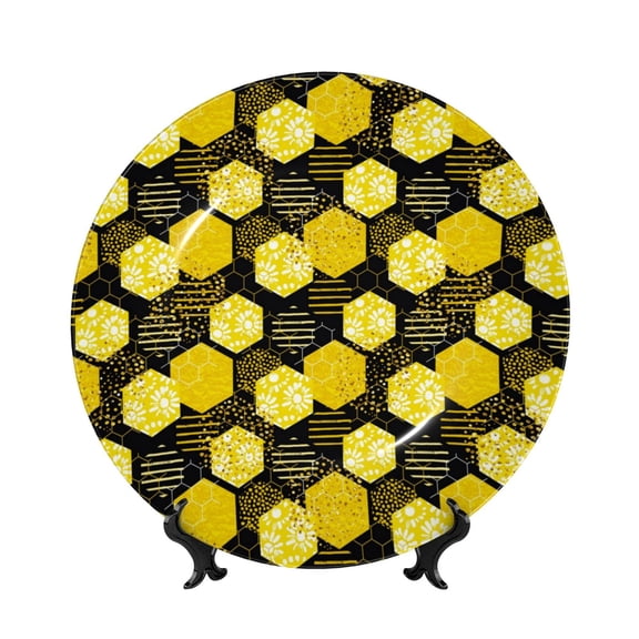 Kdxio Geometric Pattern with Bee Bone China Decorative Plate Ceramic Decorative Plate for Home Office Wall Stand Decorative Plates for Home Bedroom-7in