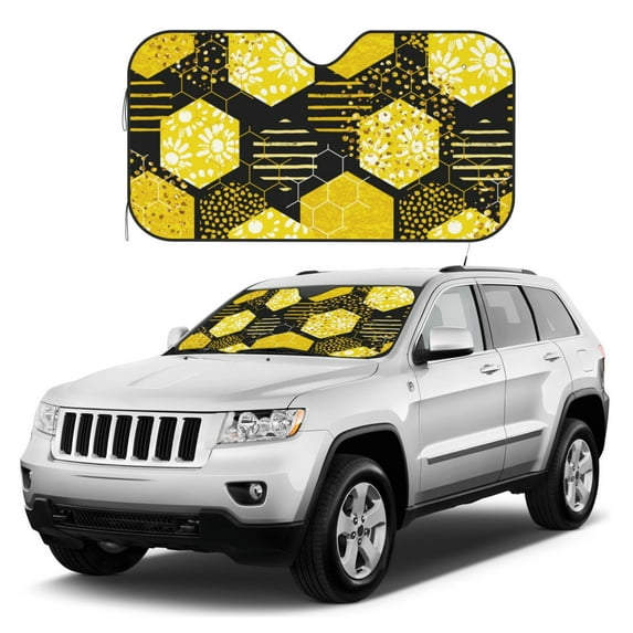 Kdxio Geometric Pattern with Bee Print Windshield Sun Shade, Foldable Sun Blocker for Car,Truck,SUV Automotive Interior Sun Protection,Reflective Shade for Front Windshield(Small)