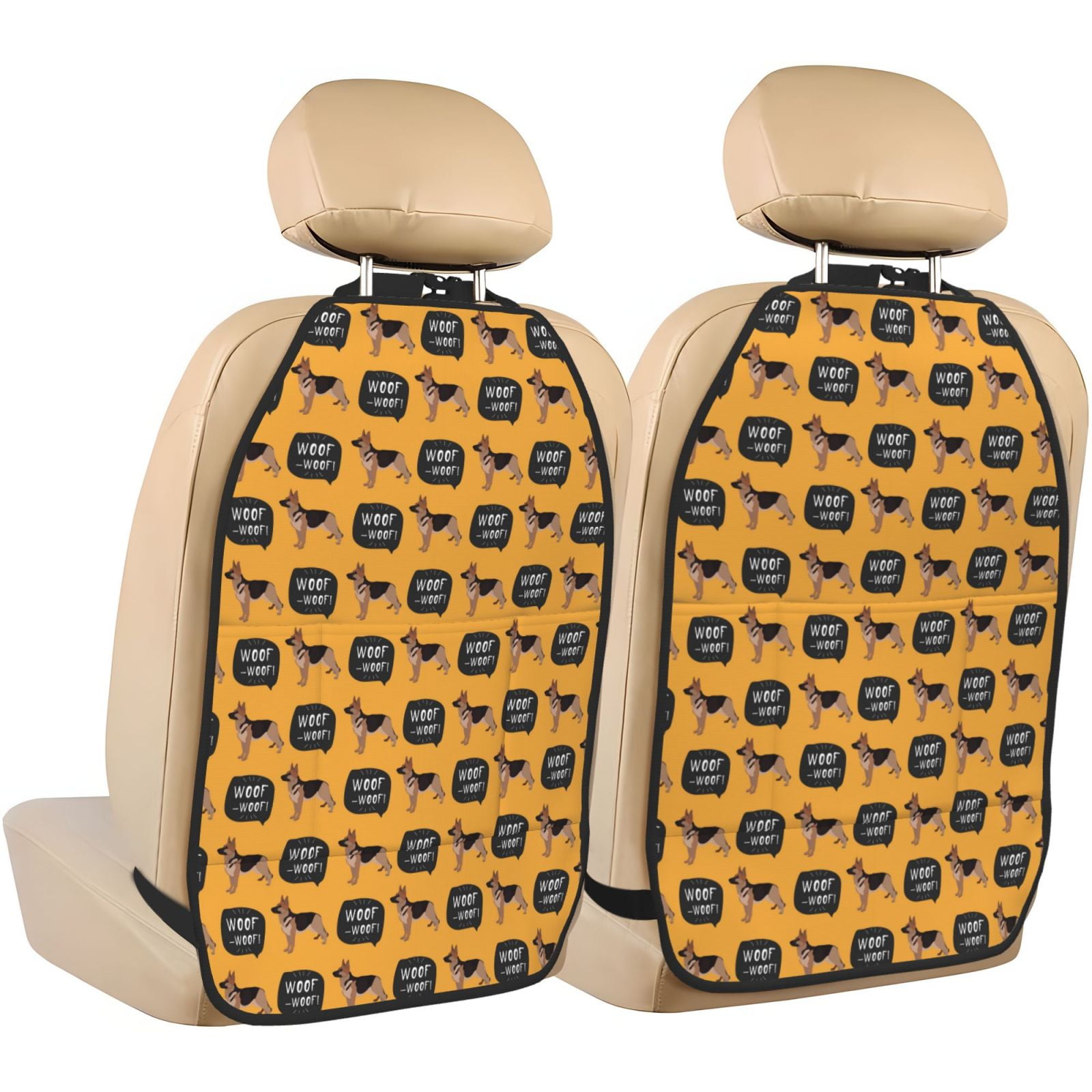 Kdxio German Shepherd Woof Print 2 Pack Car Kick Mat Seat Cover Back Protector Mat with Pockets for Organizer Backseat Protector and Storage Anti Kick Pad for Vehicles