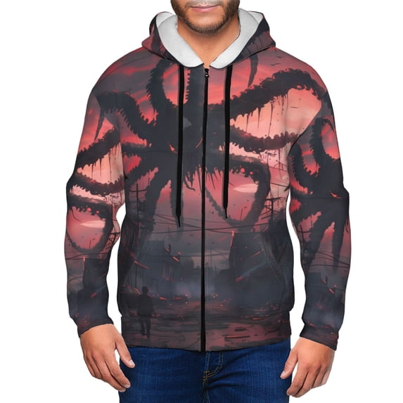 Kdxio Giant Monster Over City Print Men Hoodies Casual Hoodies for Men with Zip Pockets Full Zip Long Sleeve Sweatshirt Sports Hooded Jacket-Medium