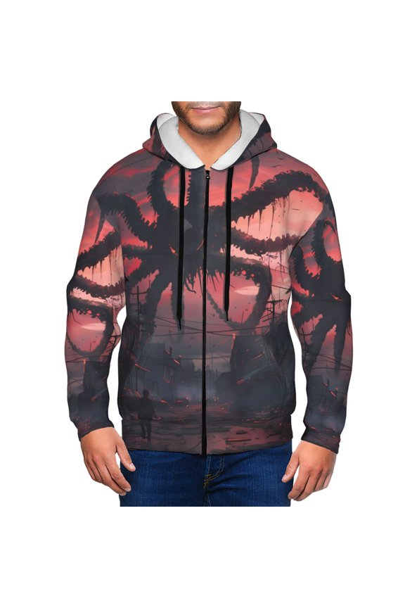 Giant Monster Over City Print Men Hoodies Casual Hoodies for Men with Zip Pockets Full Zip Long Sleeve Sweatshirt Sports Hooded Jacket-XX-Large