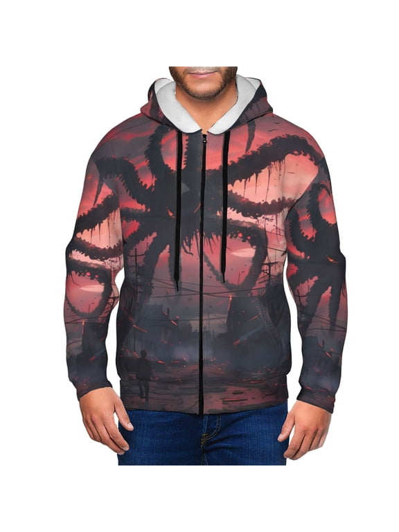 Giant Monster Over City Print Men Hoodies Casual Hoodies for Men with Zip Pockets Full Zip Long Sleeve Sweatshirt Sports Hooded Jacket-XX-Large