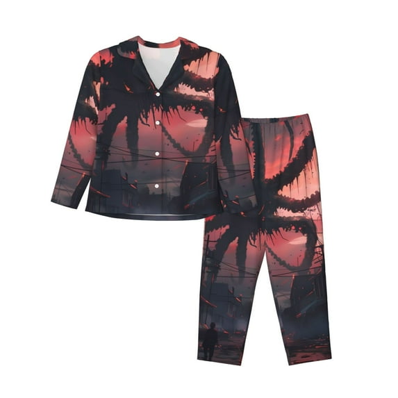 Kdxio Giant Monster Over City Women's Pajama Sets Long Sleeve Button Down Sleepwear Nightwear Soft Pjs Lounge Sets-Large