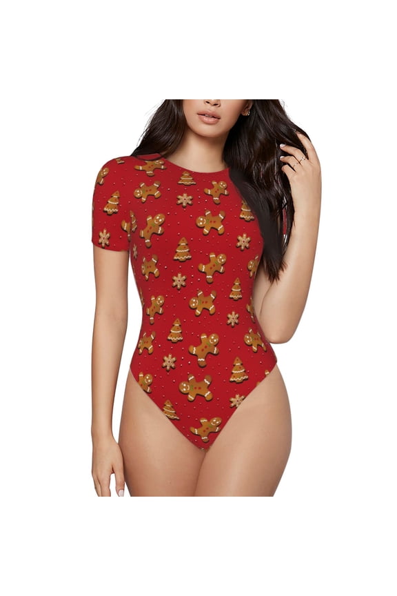 Gingerbread Man for Women's Short-Sleeved Onesie Stylish Round Neck Pajamas Bodysuit Jumpsuit Nightwear-Large