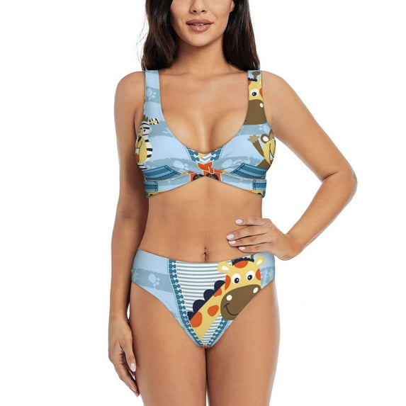 Kdxio Giraffe Come Out From Zipper Print Women's 2 Piece High Waisted Wrap Spaghetti Strap Summer Swimsuit Bikini Set-Medium