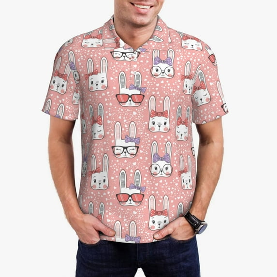 Kdxio Girl Rabbit Print Men's Short Sleeve Polo Shirt,Midweight Men's Shirt