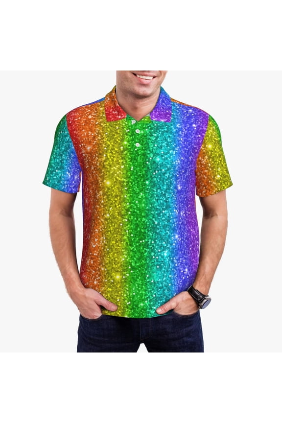 Glitter Rainbow Print Men's Short Sleeve Polo Shirt,Midweight Men's Shirt