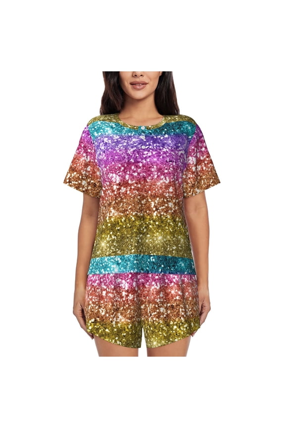 Glitter Rainbow Print Pajamas Sets for Women Short-Sleeved Pjs with Lounge Shorts Two Piece Sleepwear S-4XL