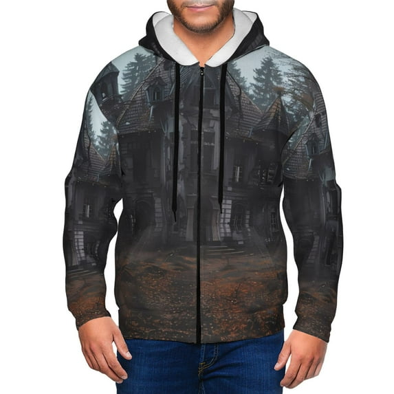 Kdxio Gloomy Mansion Forest Scene Print Men Hoodies Casual Hoodies for Men with Zip Pockets Full Zip Long Sleeve Sweatshirt Sports Hooded Jacket-XX-Large