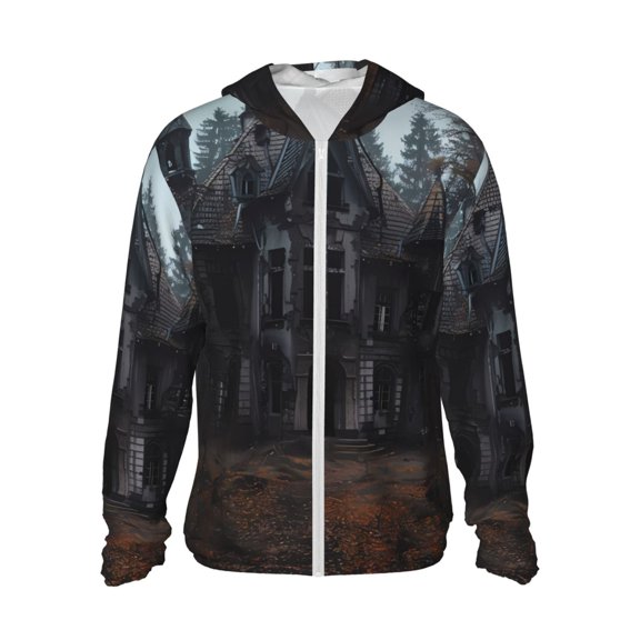 Kdxio Gloomy Mansion Forest Scene Print Women Men Sun Protection UPF 50+ Jackets Zip Up Long Sleeve Hoodie Hiking Lightweight with Pockets