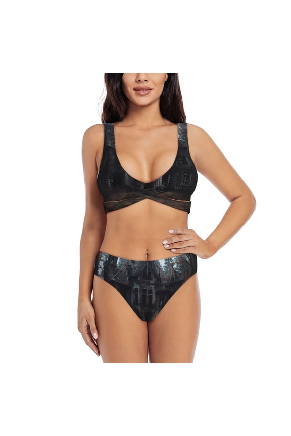 Gloomy Mansion Forest Scene Print Women's 2 Piece High Waisted Wrap Spaghetti Strap Summer Swimsuit Bikini Set-XX-Large