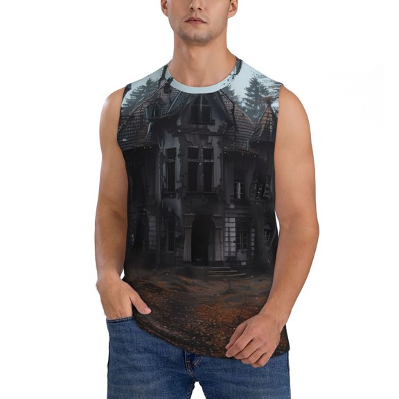 Kdxio Gloomy Mansion Forest Scene for Men's Muscle T-shirt,Sleeveless for Workout Running Athletic Gym Lounge Casual