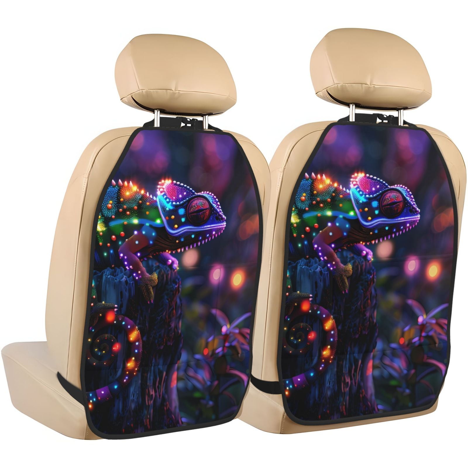 Kdxio Glowing Chameleon Fantasy Art Print 2 Pack Car Kick Mat Seat Cover Back Protector Mat with Pockets for Organizer Backseat Protector and Storage Anti Kick Pad for Vehicles