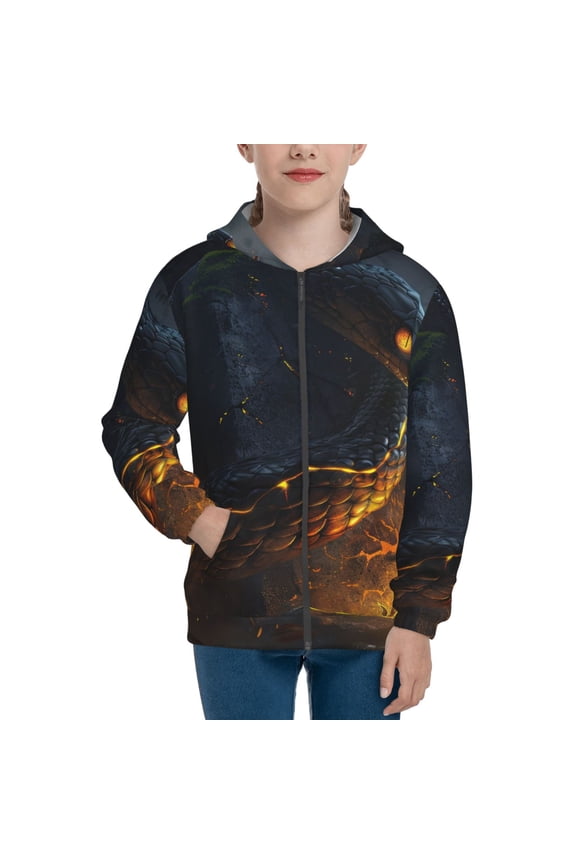 Glowing Snake Dark Forest Pattern Kids Boys Girls Zip Up Hoodie 3D Printed Hooded Sweatshirt Hoody Coat with Pocket 7-12 Y-Medium
