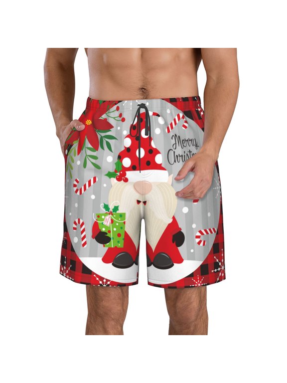 Gnome And Buffalo Plaid Pattern Mens Casual Shorts - Drawstring Summer Beach Sports Shorts for Men